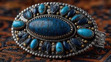Turquoise and silver brooch displayed on intricately patterned textile showcasing remarkable craftsmanship and design elements photo