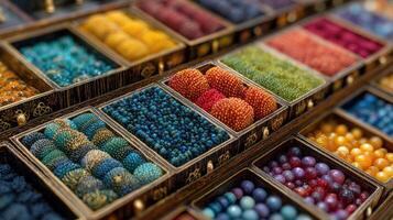 Colorful display of beads in craft market showcasing various shapes and sizes for jewelry making enthusiasts photo