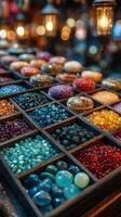 Colorful assortment of decorative stones displayed at a market stall during the evening in an artisan district photo