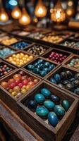 Colorful decorative stones displayed in wooden boxes at a market during evening hours photo