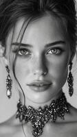 Striking portrait of a young woman showcasing intricate jewelry and captivating features in black and white photo