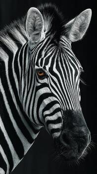 Close-up portrait of a zebra showcasing striking black and white stripes against a dark background photo