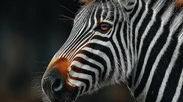 Close-up view of a zebra showcasing its unique black and white stripes in natural habitat during daylight photo