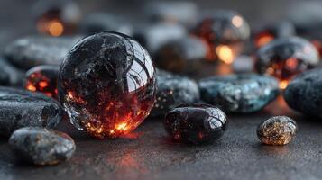 Unique collection of translucent and opaque stones showcasing mesmerizing reflections and colors on a dark surface photo
