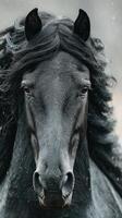 Majestic black horse with flowing mane captured in a serene environment during a gentle snowfall photo