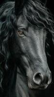 Majestic black horse with unique curly mane poses elegantly in studio lighting photo