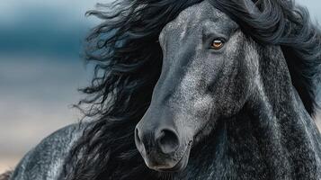 Majestic black horse showcasing flowing mane against a dramatic sky in an outdoor setting photo
