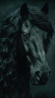 Dark and majestic horse showcasing its flowing mane in a serene nature setting during twilight photo