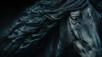 Majestic black horse with flowing mane captured in soft focus during twilight hours in a serene setting photo