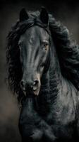 Majestic black horse with curly mane posing dramatically against a dark background in soft light photo
