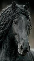 Black horse with curly mane standing majestically in a lush green pasture during golden hour sunlight photo