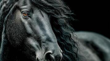 Majestic black horse with flowing mane standing against a dark background showcasing its features and beauty in natural light photo