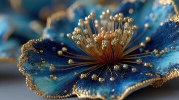 Delicate close-up of an intricately designed blue flower with golden accents and textured petals photo