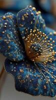 Detailed close-up of a blue decorative flower with golden accents showcasing intricate craftsmanship in a studio setting photo