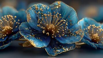 Blue floral arrangement with intricate gold detailing, showing natural beauty and craftsmanship in close-up view photo