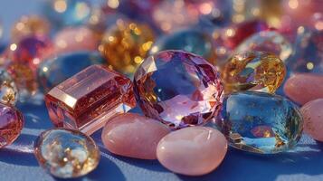 Colorful assortment of gemstones displayed on a blue background highlighting their unique shapes and shimmer photo