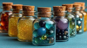 Colorful arrangement of decorative glass bottles filled with beads and crystals on a blue surface during daylight photo