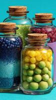 Colorful glass jars filled with decorative beads and crystals displayed against a vibrant turquoise background photo