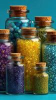 Colorful glass jars filled with vibrant beads arranged on a blue background photo