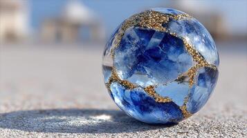Beautiful blue crystal sphere with golden details on sandy surface in daylight photo