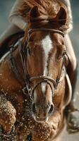 Close-up of a powerful chestnut horse galloping through soft sand during an equestrian event in bright sunlight photo