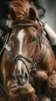 Majestic brown horse in motion during equestrian activity in a competition setting at dusk photo