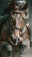 Powerful horse in motion during an equestrian event in a misty outdoor setting showcases rider-horse connection photo