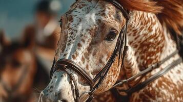 Stunning close-up of a speckled horse during an equestrian event on a sunny day at a riding arena photo