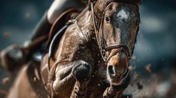 Powerful horse galloping in a riding competition on a sunny day showcasing agility and speed photo