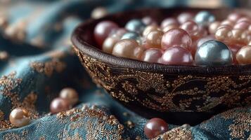 Colorful pearls gathered in an ornate bowl on a decorated fabric background photo