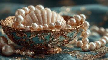 Elegant arrangement of pearls and seashell in decorative bowl on a silk fabric photo