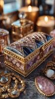 Intricately designed jewelry box surrounded by candles and various ornamental pieces in a softly lit setting photo