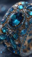 Elegant blue gemstone bracelet adorned with intricate designs and shimmering accents under soft lighting photo