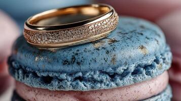 Elegant ring resting on gourmet macaron at a pastry shop during a sunny morning photo
