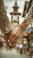Couple holding hands with rings in front of a clock tower during a cloudy day photo