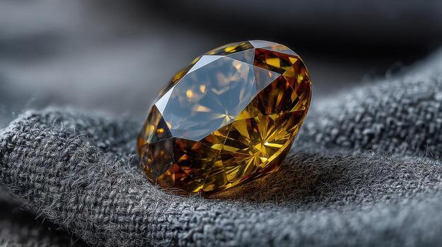 Shining amber gemstone resting on a textured fabric for a captivating display of luxury and elegance photo