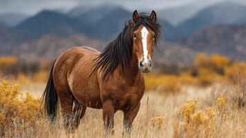 Majestic brown horse stands in a golden meadow with mountains in the background under a cloudy sky photo