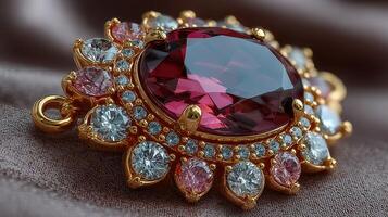 Elegant gemstone pendant with intricate gold design and sparkling diamonds on silk background photo
