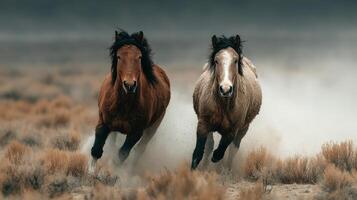Wild horses run freely across a dusty plain during early morning light in a remote landscape photo