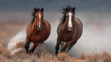 Horses gallop through dusty terrain in a dramatic display of speed and power during a cloudy day photo