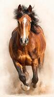 Brown horse galloping through dusty terrain under bright sunlight in open field photo