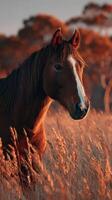 Majestic horse stands gracefully in golden grass during sunset in a tranquil setting photo
