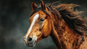 Majestic brown horse showcasing its unique features in a dramatic backdrop during twilight hours photo