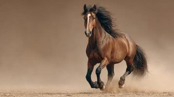 Majestic brown horse galloping across a sandy landscape at sunset under soft golden light photo