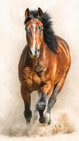 Strong brown horse galloping across a sandy landscape during daylight hours in a dynamic display of power and grace photo