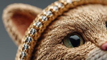 Detailed close-up of a decorative cat figurine with intricate textures and sparkling embellishments on a neutral background photo