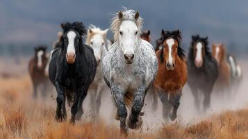 Herd of wild horses running across the plains with dust rising under a cloudy sky in early morning light photo
