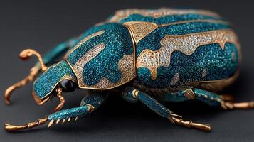 Intricate close-up of a colorful beetle showcasing detailed metallic patterns and vibrant hues on a dark background photo