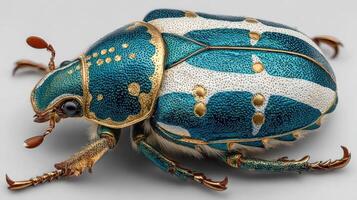 Detailed close-up of a vibrant blue and white beetle showcasing intricate patterns and metallic sheen photo