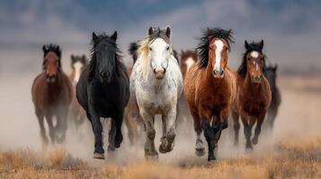 Majestic herd of wild horses running across a dusty plain under a dramatic sky in the late afternoon photo